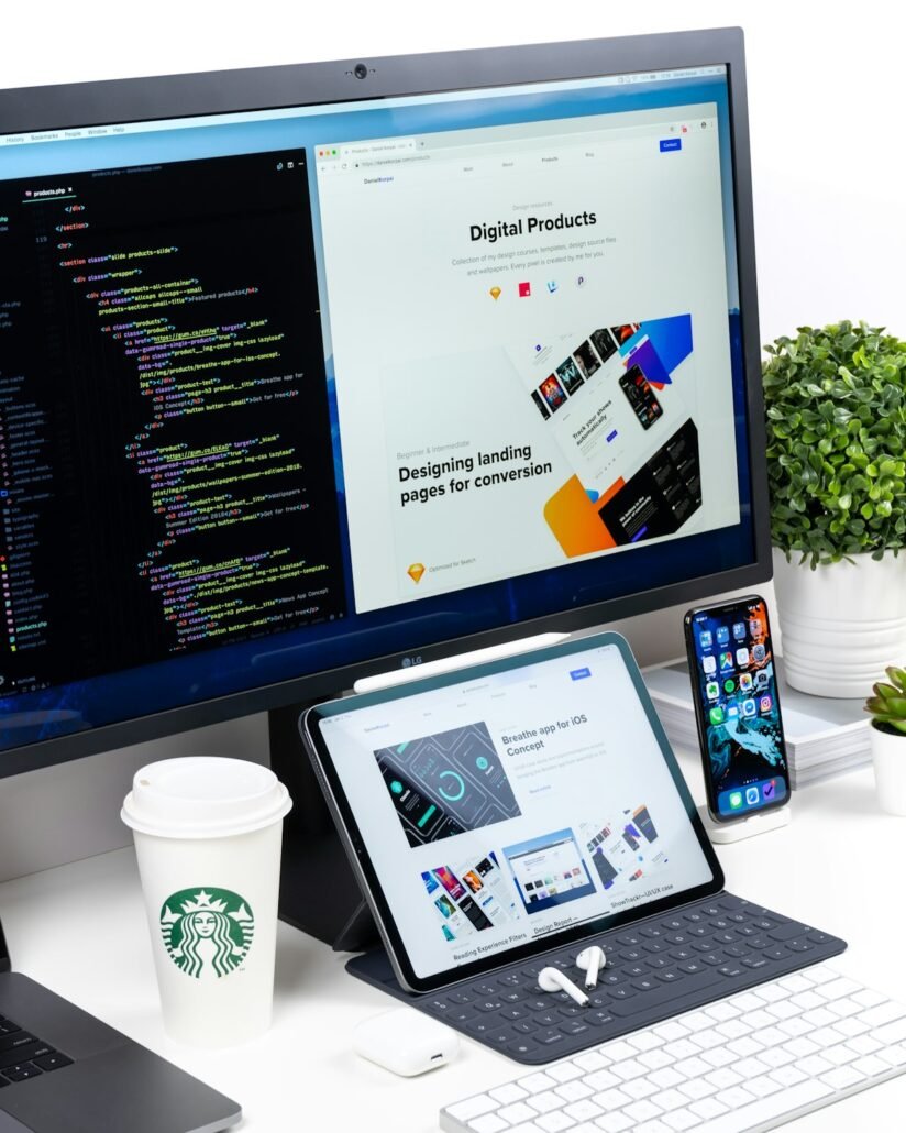 Web design wireframes on a screen